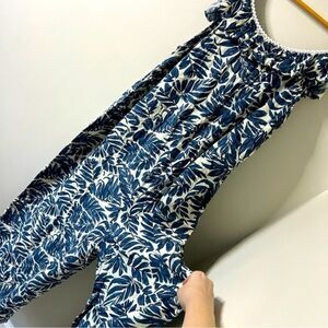 Rusttydustty 3X pants romper jumpsuit, beautiful blue & cream leaf print, EUC
